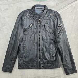 MONARCHY Mens Black Faux Leather Moto Jacket Studded‎ Zip Pockets Size Small